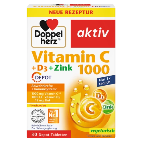 Illustration of the product packaging Doppelherz aktiv Vitamina C 1000 + D3 + Zinc DEPOT front view
